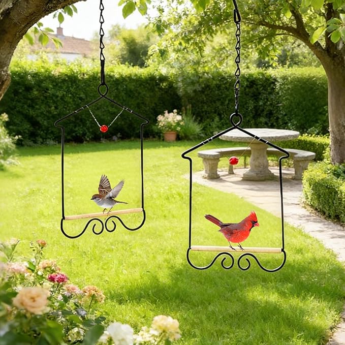 Metal Frame Hummingbird Swings and Perches with Wooden Dowel Black Bird Swing Outdoor Bird Perch Humming Bird Swing (4PK)