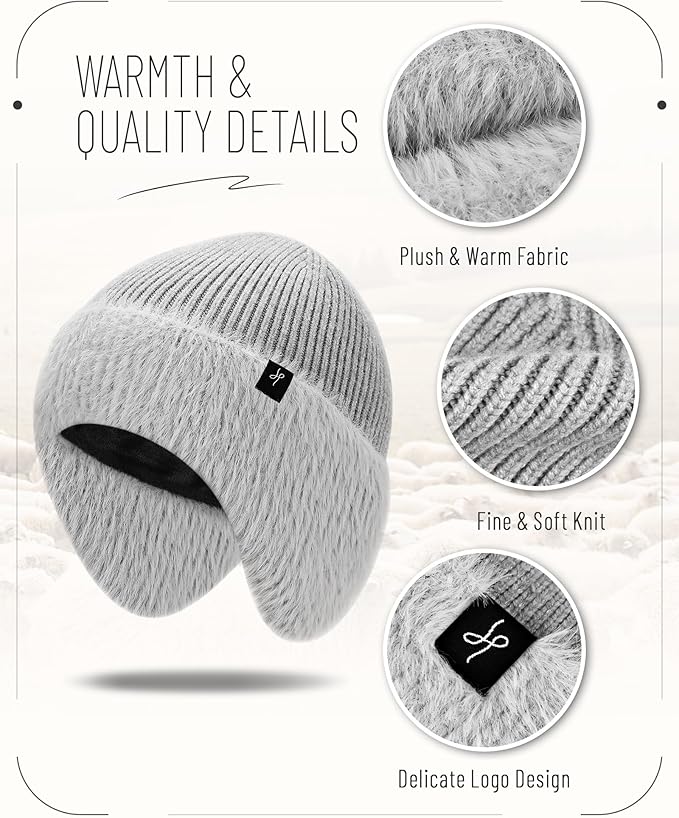 Winter Fleece-Lined Beanie with Earflaps, Warm Windproof Unisex Beanie Hat for Skiing, Hiking & Outdoor Winter Sports
