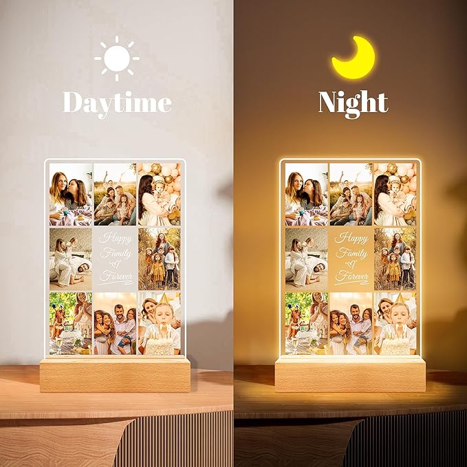Personalized Collage Picture Frames with Photos, Custom Photo Frame with Night Light, Customized Picture Frame, Personalized Christmas Birthday Gifts for Women Men Mom Dad Kids Baby Family Friends