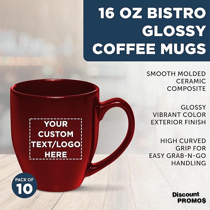 Custom Large Coffee Cups 16 oz. Set of 10, Personalized Bulk Pack - Perfect for Tea, Espresso, Cappuccino, Hot Cocoa - Maroon