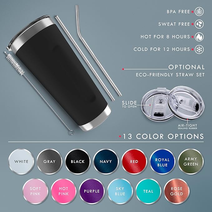 Personalized Tumbler with Engraved Name - 12 Designs, 20 Oz Coffee Tumbler with Slider Lid, Royal Blue, Double Wall Insulated - Custom Gift for Men, Women