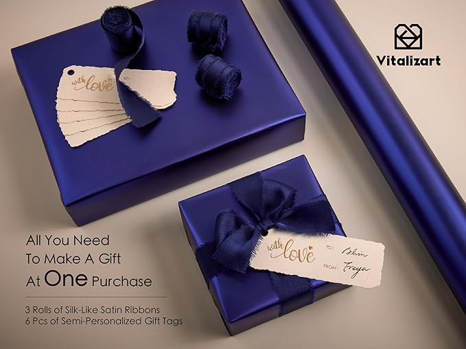 Vitalizart Blue Matte Metallic Wrapping Paper Set 17" With Silk Satin Ribbon & Gift Tags Christmas Gift Wrapping Birthday Baby Shower Wedding Bouquets Handmade Crafts 197"(16.4 Ft) Blue Ribbon
