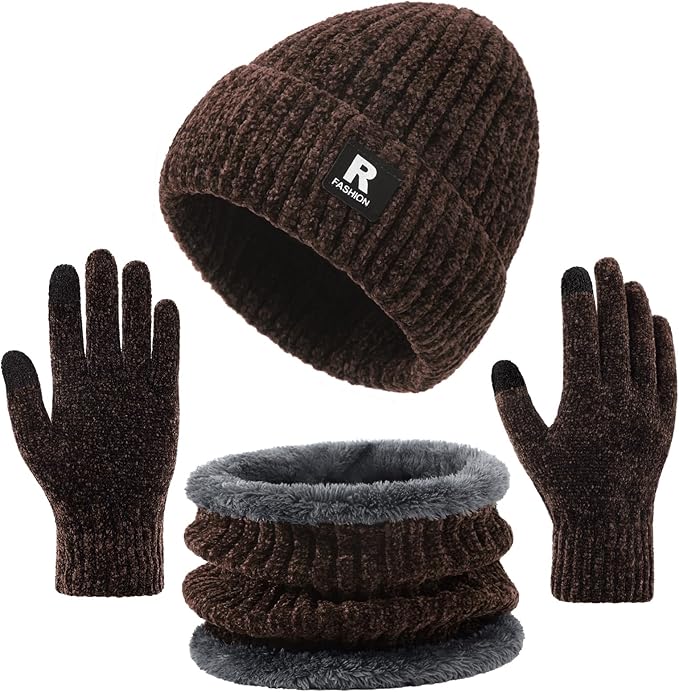 Winter Beanie Hat Circle Scarf Gloves Set for Men Women, Thick Warm Chenille Skull Cap Touchscreen Gloves Neck Warmer