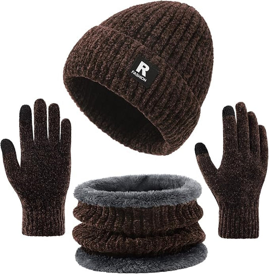 Winter Beanie Hat Circle Scarf Gloves Set for Men Women, Thick Warm Chenille Skull Cap Touchscreen Gloves Neck Warmer