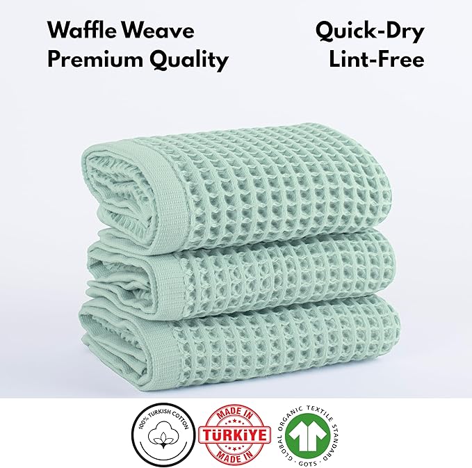 PÜSKÜL - Set of 3 Organic Waffle Hand Towel Ice Green - Premium Quality, 100% Turkish Cotton, Soft, Quick-Dry, Absorbent, Lint-Free Face Kitchen Hand Towels (Ice Green, Hand Towels - Pack of 3)