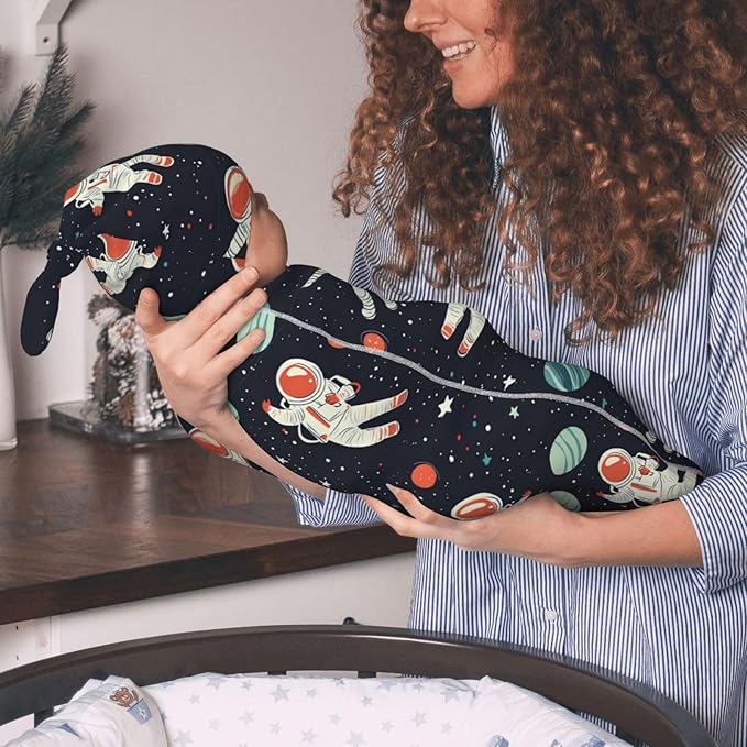 Newborn Swaddle Blankets and Hat Set Soft Cotton Baby Swaddle Wrap Warm Infant Receiving Blanket Space-10