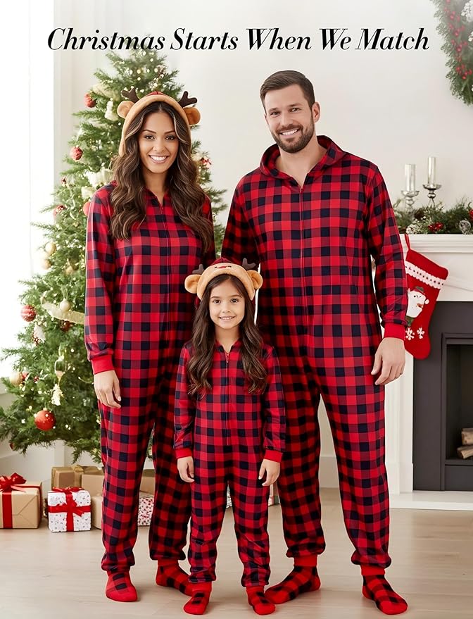PATPAT Matching Family Christmas Onesie Pajamas – Holiday Hooded Jumpsuit Sleepwear PJs Couples Xmas Loungewear with Socks