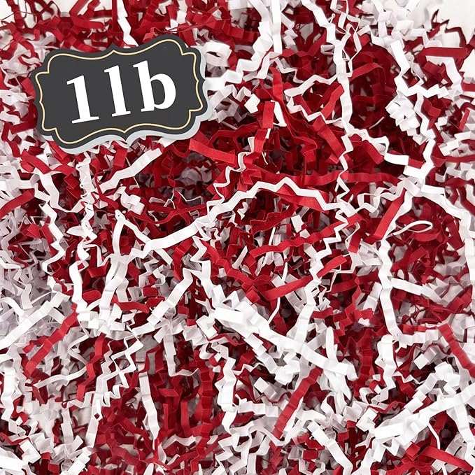 ZEBMOON 1 LB Red White Crinkle Cut Paper Shred Filler Great for Gift Wrapping, Basket Filling, Birthday, Wedding, Halloween, Thanksgiving, Christmas Day, New Year Party Decorations Filling Supplies