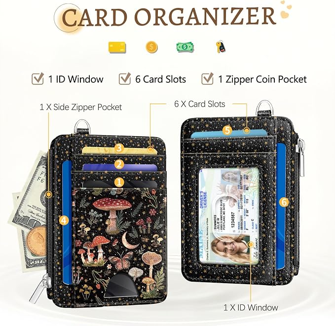 Kelvoris Credit Card Holder Small Wallet Women, Slim RFID, Mushroom Moon | Keychain, Zipper Coin Pocket, Front Pocket Thin Travel Card Case, Minimalist, 6 Card Slots, 1 ID Window, Ladies Gifts Woman