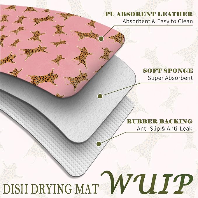 Pink Leopard Dish Drying Mats for Kitchen Counter, Retro Cheetah Animal Print Absorbent Reversible Coffee Bar Mat Drying Pad for Leopard Kitchen Decor, 12x15 Inch