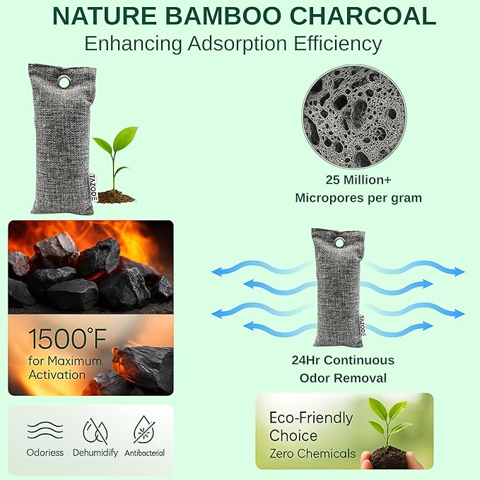 Bamboo Charcoal Air Purifying Bags (75g Each) – Natural Odor Remover for Shoes, Closet, Car, Home, Pet Area – Reusable Deodorizer Pouch, Eco-Friendly, Unscented (Pack - 6)