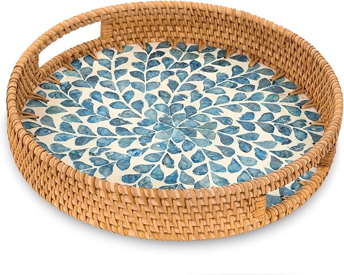 KOLWOVEN Round Rattan Tray with Handle, Rattan Serving Tray with Mother of Pearl Inlay Wooden Base, Decorative Wicker Basket for Table Decor (Blue Leaves)