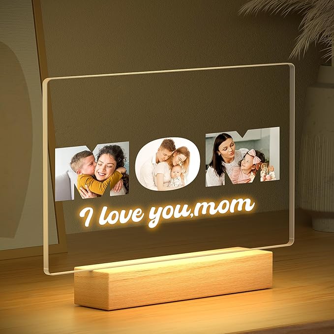 Custom MOM Picture Frame with Photos, Personalized Photo Frame with Night Light, Personalized Mothers Day Gifts for Mom, Personalized Mom Birthday Gifts from Daughter & Son