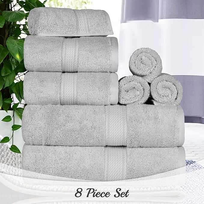 BLUENILEMILLS Madison Egyptian Cotton Towels, Towel Set for Bathroom, Shower, Hotel, Plush, 900 GSM, Highly Absorbent and Ultra-Soft Towels, Bath Essentials, 8 Piece Assorted Towel Set, Silver