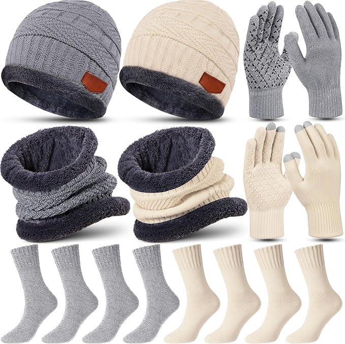 10 Pieces Winter Hat Beanie Scarf Touch Screen Gloves and Sock Set Slouchy Knit Skull Cap Beanies Fleece Lining Neck Warmer