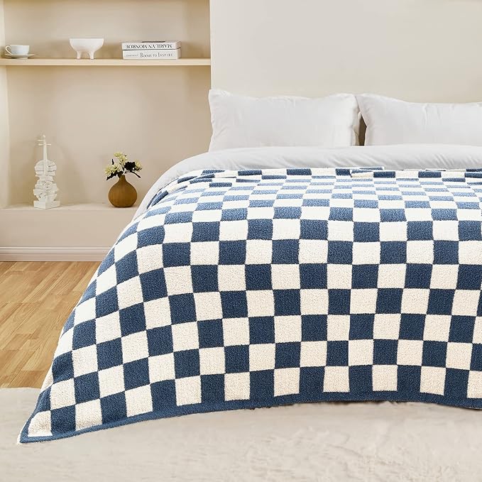 CozeCube Super Soft Fullfy Microfiber Reversible Knitted Blankets, Warm Cozy Fuzzy Plush Throw, Dusty Blue and White Checkered Throw Blanket for Couch Bed Sofa, 50" x 60"