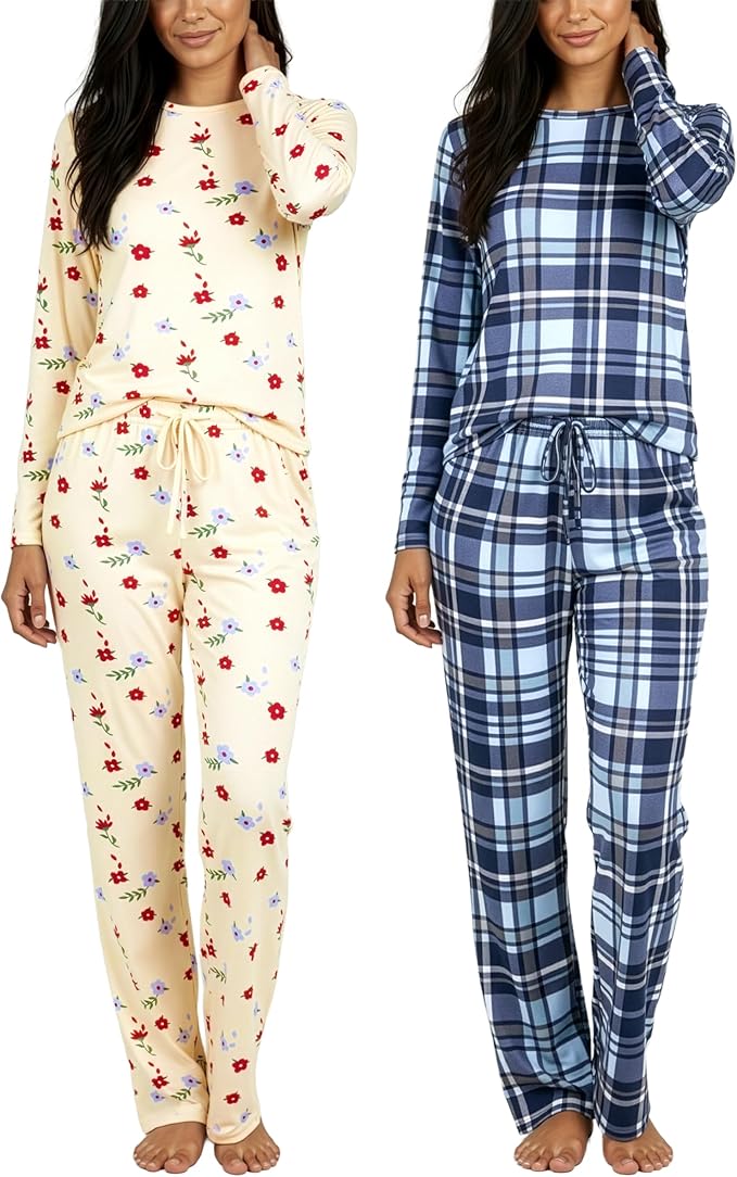 Real Essentials 2 Pack: Women's Comfy Pajama Sets - Short & Long Sleeve Ladies Loungewear Sleepwear PJs (Available In Plus)