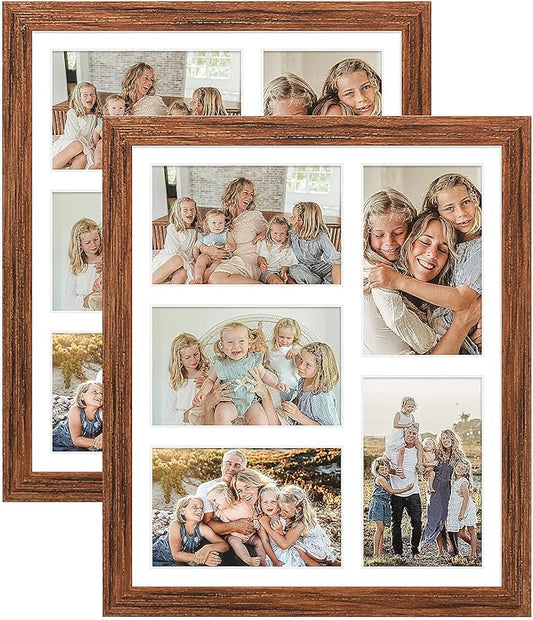 11x13 Collage frame with 5 Openings 4X6 Pictures, Multiple Picture Frame with Mat, Wall or Tabletop Decor, Carbonized Brown Wood Grain,2 Pack