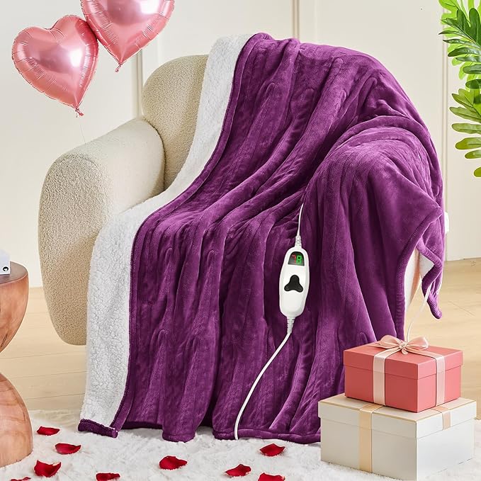greenoak Heated Blanket Electric Full 72"X84", Heating Blanket with 10 Heat Levels 1/2/4/6/8 Hours Auto-Off, Soft Flannel Sherpa Warm Heater Christmas Blanket,Taro Purple