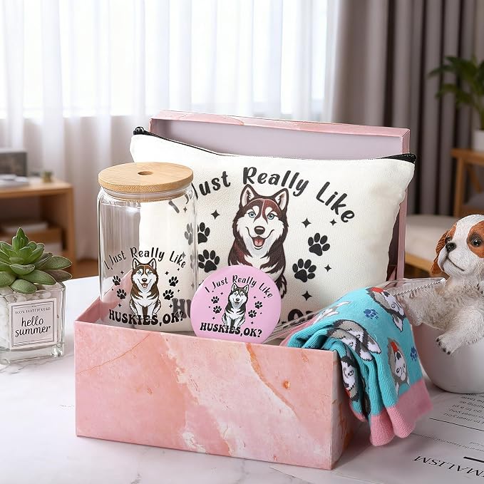 Kacctyen 5 Pcs Christmas Husky Gifts for Women Husky Dog Lover Gifts 16oz Glass Cup Tumbler with Lid Straw Makeup Cosmetic Bag Pocket Mirror Sock for Dog Mom Animal Lovers Birthday Party Favors