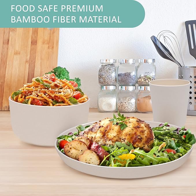 Home STRB-BF12W-12 Stephan Roberts Bamboo Dinnerware Set Eco-Friendly Bamboo Fiber Dinnerware 12 PC (Cereal Bowls Unbreakable Plates Cups)