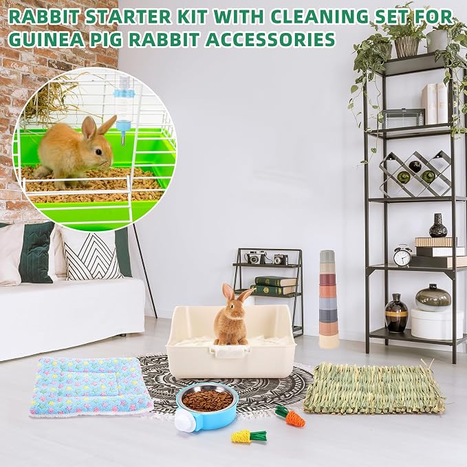 34 Pcs Rabbit Starter Kit Rabbit Litter Box Small Animal Water Bottle Cups Bunny Tunnels Animal Grooming Kit Bowl Blanket with Cleaning Set for Guinea Pig Bunny Accessories(Style 1,Blue)