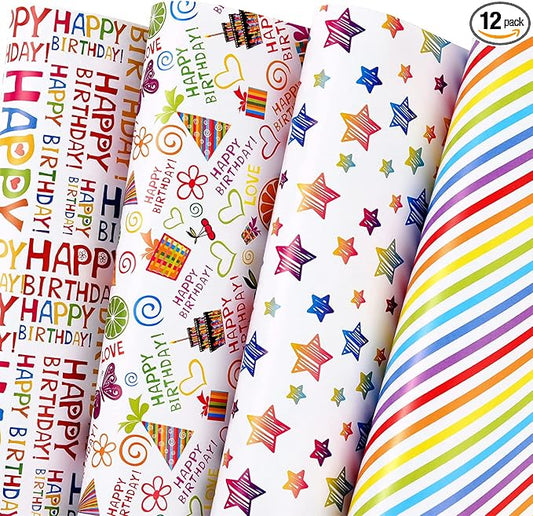 PlandRichW Birthday Wrapping Paper 12 Sheets Folded Flat for Kids, Boys, Girls, Adults.Includes Happy Birthday, Star, Rainbow, Cake 4 Colorful Designs for Baby Shower, Holiday, Party 20 X 29 Inch