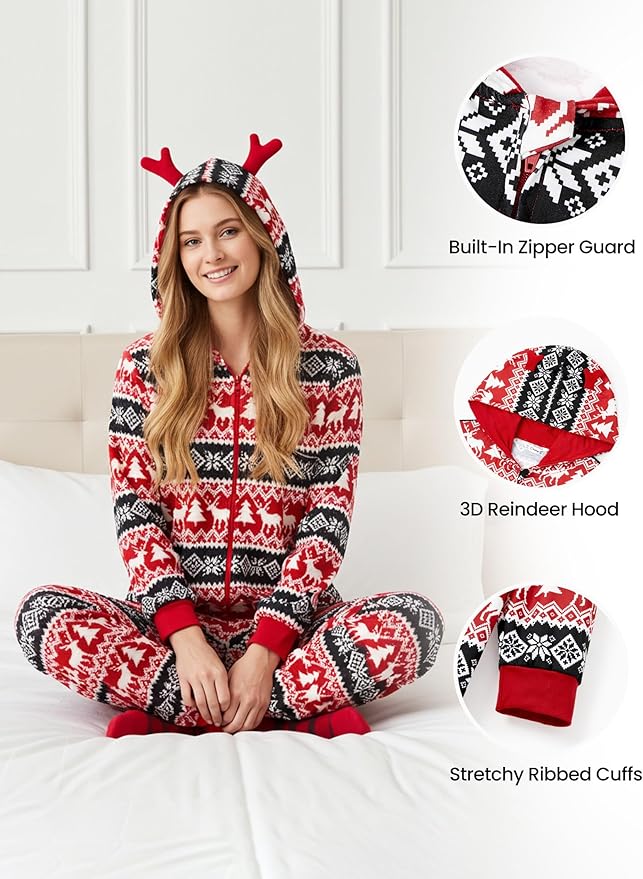 PATPAT Matching Family Christmas Onesie Pajamas – Holiday Hooded Jumpsuit Sleepwear PJs Couples Xmas Loungewear with Socks