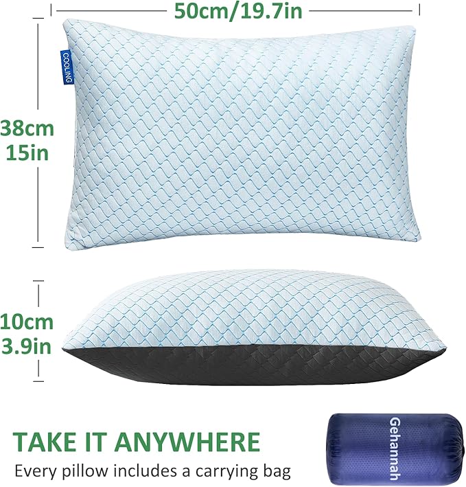 Gehannah Travel Pillow - Compressible Camping Pillow for Sleeping, Shredded Memory Foam Pillow with Storage Bag Compact Supportive (Grey, Large(2 Pack))