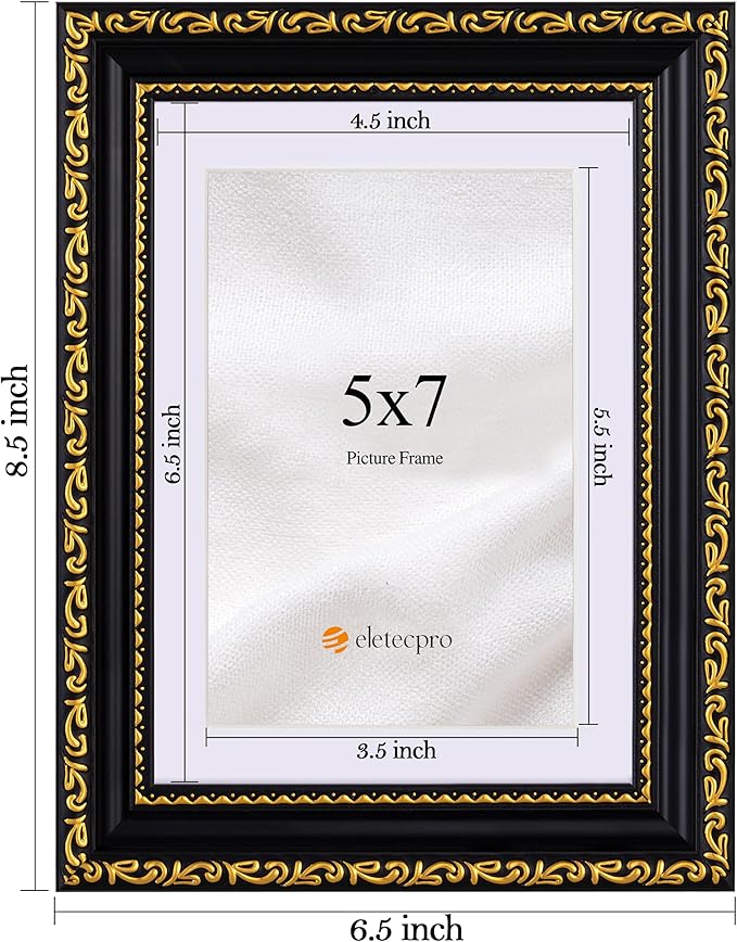 eletecpro 5x7 Picture Frames Set of 4, 5 x 7 Vintage Photo Frames with Glass, Displays 4x6 Photo with Mat or 5x7 without Mat for Tabletop or Wall Decor, Black Gold