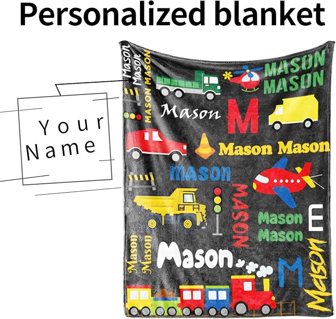 Personalized Blanket with Name for Boys, City Car Transport Custom Name Blanket, Soft Flannel Toddler Blankets Customized Gift for Newborn Baby Shower Birthday-30 x40