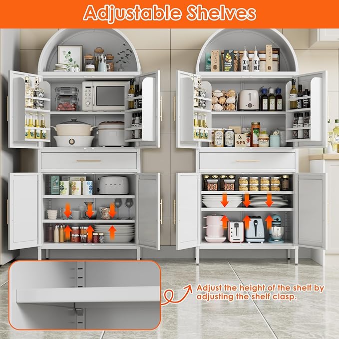 Metal Arched Kitchen Pantry Cabinet with Adjustable Shelves and Drawer,Farmhouse Pantry Cabinet with 2 Doors for Kitchen,Dining Room, Assembly Required,White