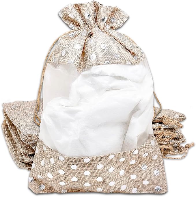 12-Pack X-Large Linen Burlap & Organza Gift Bags w. Drawstrings (7.5x11.5 in, Beige/Silver Polka) - Party Favors, Presents, Samples & Treats Mesh Pouch by The Display Guys