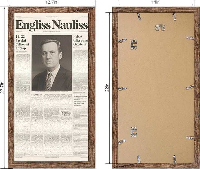 11x22 Newspaper Frame 2 Packs, Real Glass and Rustic Brown Wood Frame, Display Panoramic 11 x 22 Magazine Frames - Horizontal or Vertical Wall Mounting