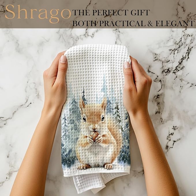 Winter Christmas Squirrel Kitchen Towels, Gifts for Squirrel Lovers Dish Tea Towels for Kitchen, Winter Pine Tree Forest Decorative Hand Towel for Kids Bathroom Decor, 16x24 Inch