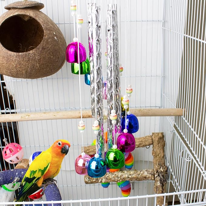 FlidRunest Bird Toys, Conure Wind Chimes Chewing Toy with Colorful Stick, Parakeet Toys 4 Aluminum Tubes 11 Bells, Parrot Cage Windchime Hanging Bells Toys for Conure, Parakeet, Cockatiel