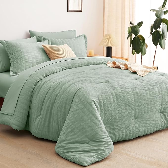 CozyLux King Size Comforter Set Sage Green Seersucker 7 Pieces Bed in a Bag King Comforter Set with Sheets, Luxury Bedding Set with Down Alternative Comforter, Sheets, Pillowcases & Shams All Seasonss