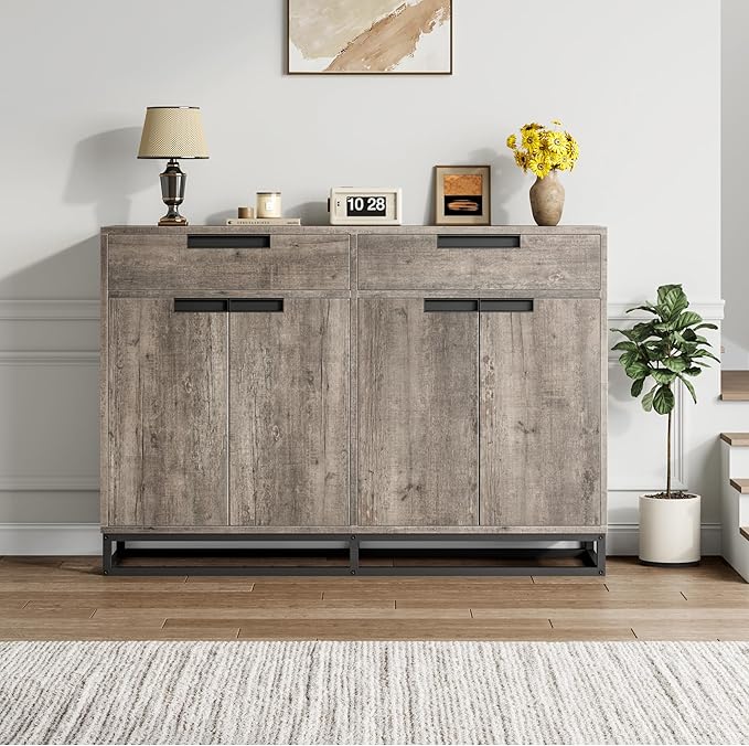 Garvee Kitchen Buffet Cabinet 55 Inch Large Modern Sideboard with 2 Drawers and 4 Doors, Coffee Bar Buffet Table for Kitchen and Dining Room, Grey