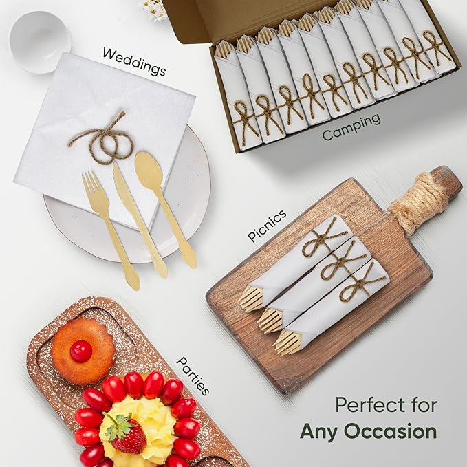 Luxury Pre-Rolled Napkin and Bamboo Cutlery Set (50 Pack, 200 PCS) 100% Biodegradable, Eco-Friendly, Disposable Wrapped Cutlery - Includes Pre-Wrapped Bamboo Forks, Knives, Spoons, & Napkins