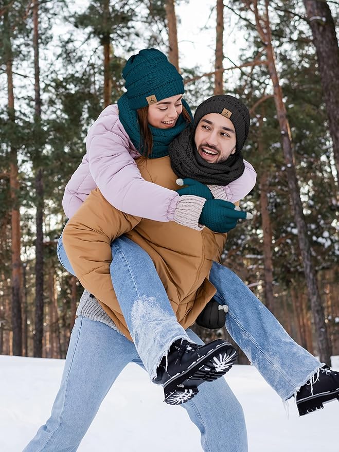 Winter Beanie Hat Scarf Gloves, Warm Fleece Knit Hats Touch Screen Gloves Neck Scarf Set Winter Gifts for Unisex Adult
