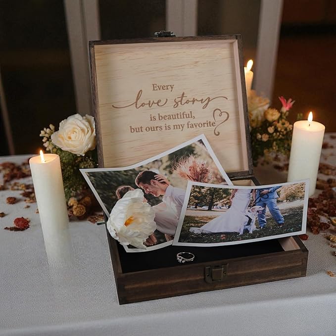Mr and Mrs Wedding Memory Box -Wooden Keepsake Box with Lid for Couples - Rustic Storage Box for Cards, Photos, Vows, and Mementos – Ideal for Wedding, Engagement, or Anniversary