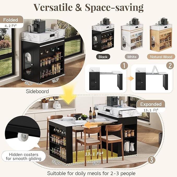 Amposei Kitchen Island with Extendable Dining Table & Power Outlet, 58’’ Breakfast Bar Coffee Station Sideboard Glass Door Storage Cabinet with Drawers, Black & White Marble