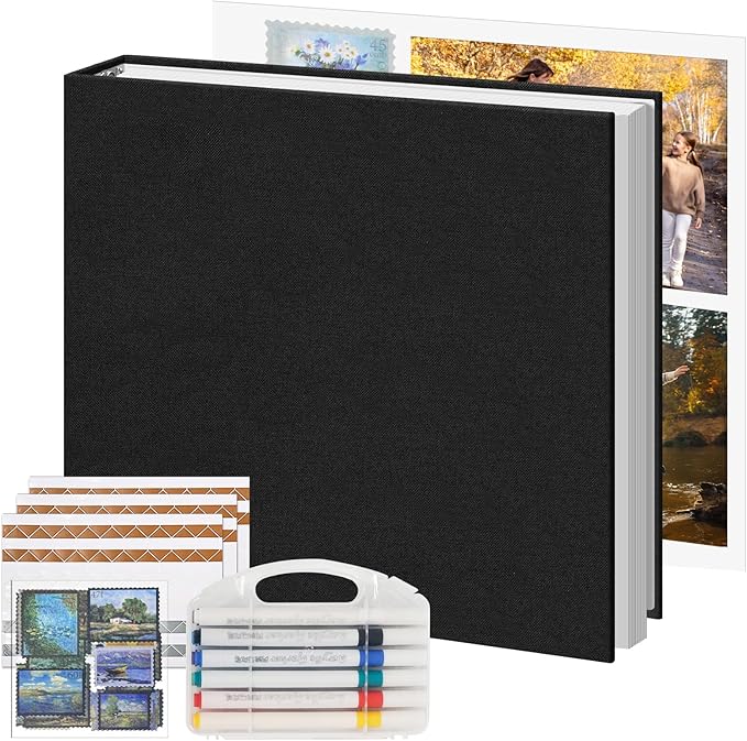 Vienrose Photo Album Scrapbook, 3 Ring 12" x 12" Linen Cover Kraft Paper Memory Book with 30 Sheets 60 Pages, Scrapbook Set for Wedding, Anniversary, Family, Travel, Black