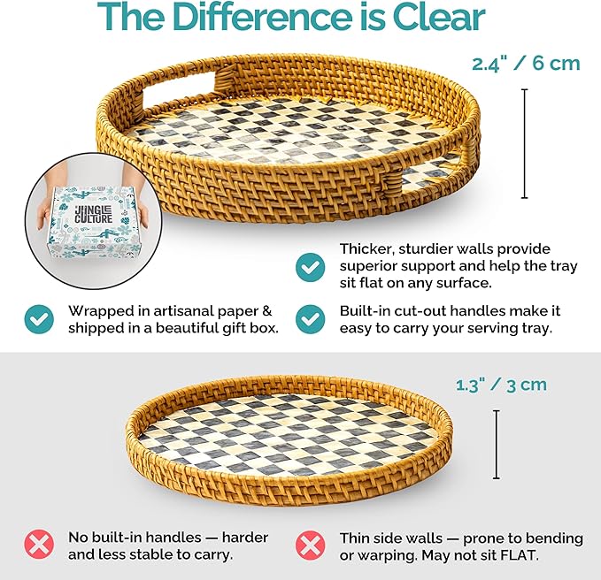 JUNGLE CULTURE Large Rattan Serving Tray 14" with Mother of Pearl Inlay • Coastal Boho Collection • Handcrafted Serving Tray with Handles • Round Woven Table Trays for Home • Wicker Basket – Cascade