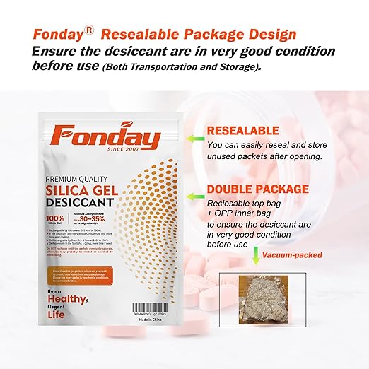 10g x 10 packs Fonday Rechargeable Silica Gel Desiccant Packets Food Grade Fast Reactivate Desiccant Bags Moisture Indicating Orange to Green