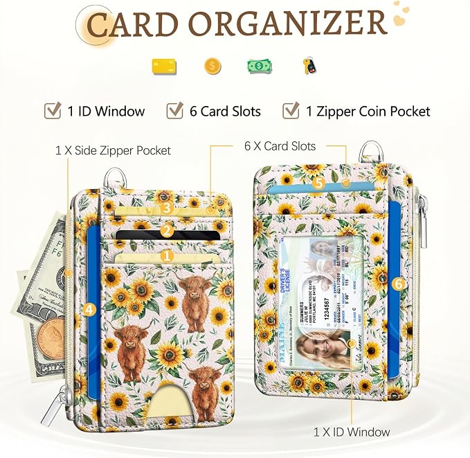 Kelvoris Credit Card Holder Small Wallet Women, Slim RFID, Highland Cows | Keychain, Zipper Coin Pocket, Front Pocket Thin Travel Card Case, Minimalist, 6 Card Slots, 1 ID Window, Ladies Gifts Woman