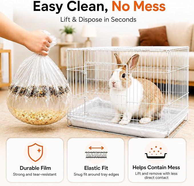 50 Disposable Cage Tray Liner Bags for Rabbits, Guinea Pigs & Birds | Pull-Over Tray Fit | Helps Contain Daily Mess | Faster Tray Changes | Less Scraping & Washing