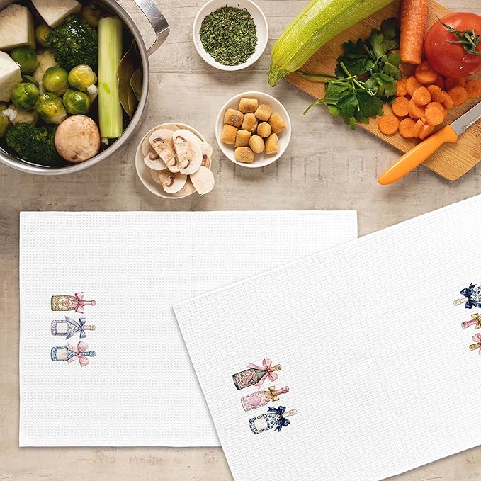 Chinoiserie Champagne Bow Kitchen Towels Set of 2, Champagne Accessories Bar Bathroom Decor, Grandmillennial Decor, Champagne Gifts for Women Bachelorettes Decorative Tea Towels 16x24 Inch