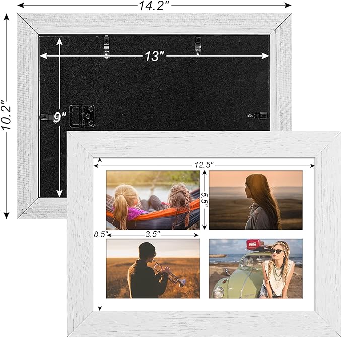 9x13 Picture Frame Display 4 opening 4X6 Picture Frame Collage,Multi Photo Frame with Mat,Plexiglass,Wall or Tabletop Decor,Distressed White Wood Grain
