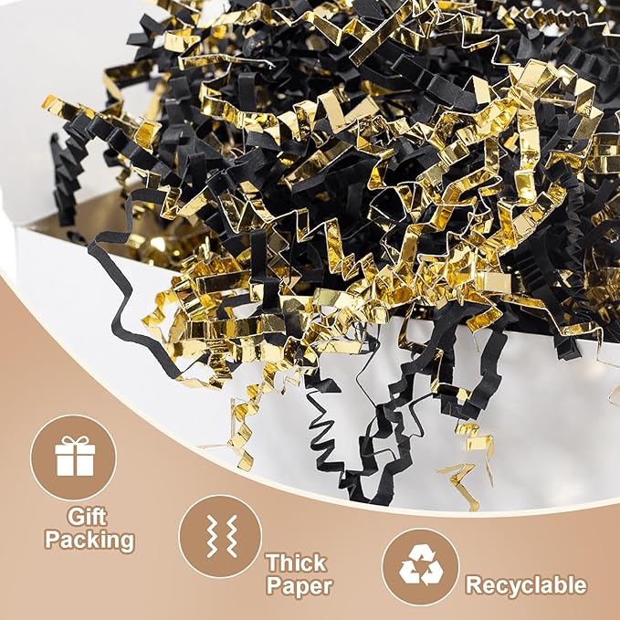 Wowxyz 2 LB Crinkle Cut Paper Shred Black & Gold Crinkle Shredded Paper - Gift Box Baskets Bag Filler - Confetti Stuffing for Birthday, Holiday Gift Packaging Wrapping